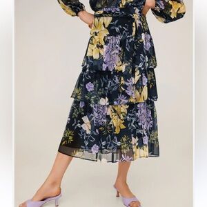 MANGO Floral Tiered Skirt - Black, Yellow, Purple